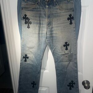 Chrome Hearts Light Blue Jeans with Black Cross Accents